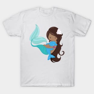 African American Mermaid, Brown Hair, Dolphin T-Shirt